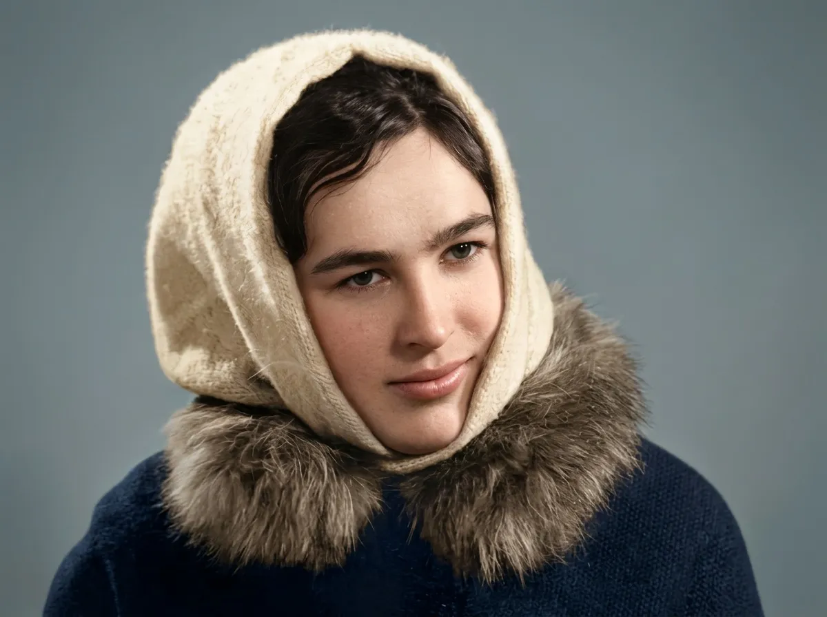 The same portrait straightened, freed from the table and in color — the fur collar and knitted hood in natural tones