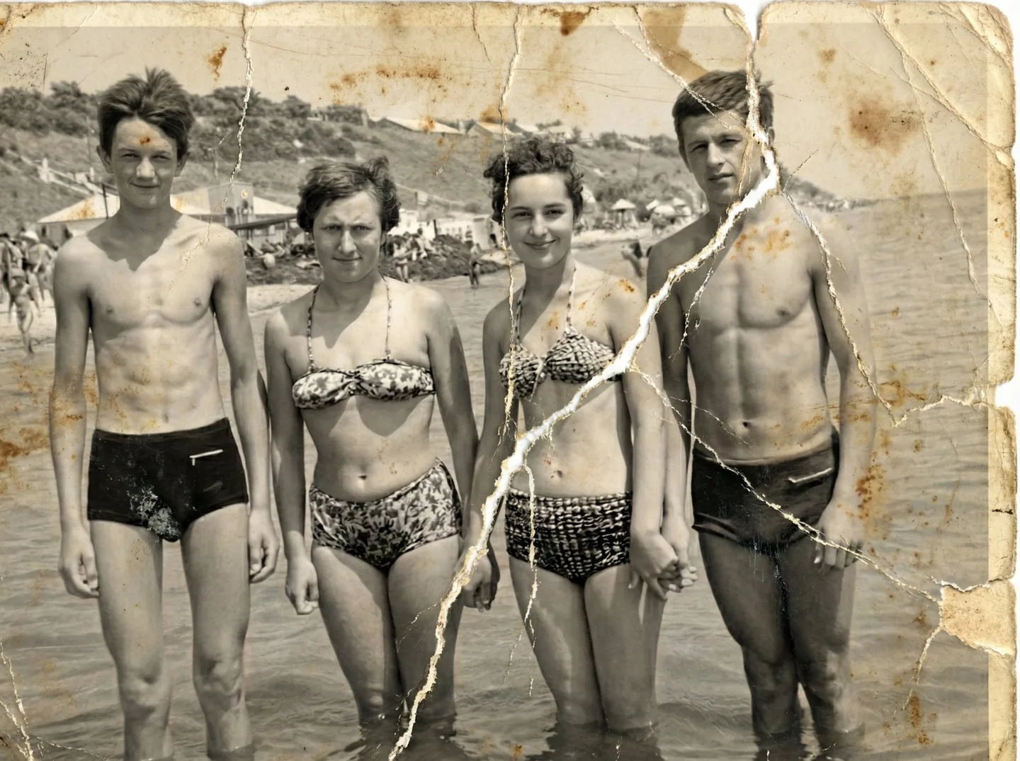 A group beach photograph before restoration — the print is torn across the middle and covered in brown stains