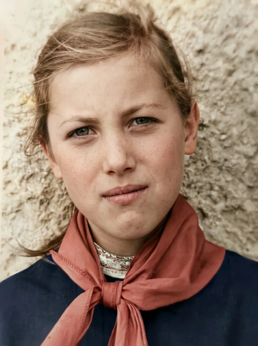 The same photograph in color and freed from the hand — the scarf a soft salmon, freckles across her nose