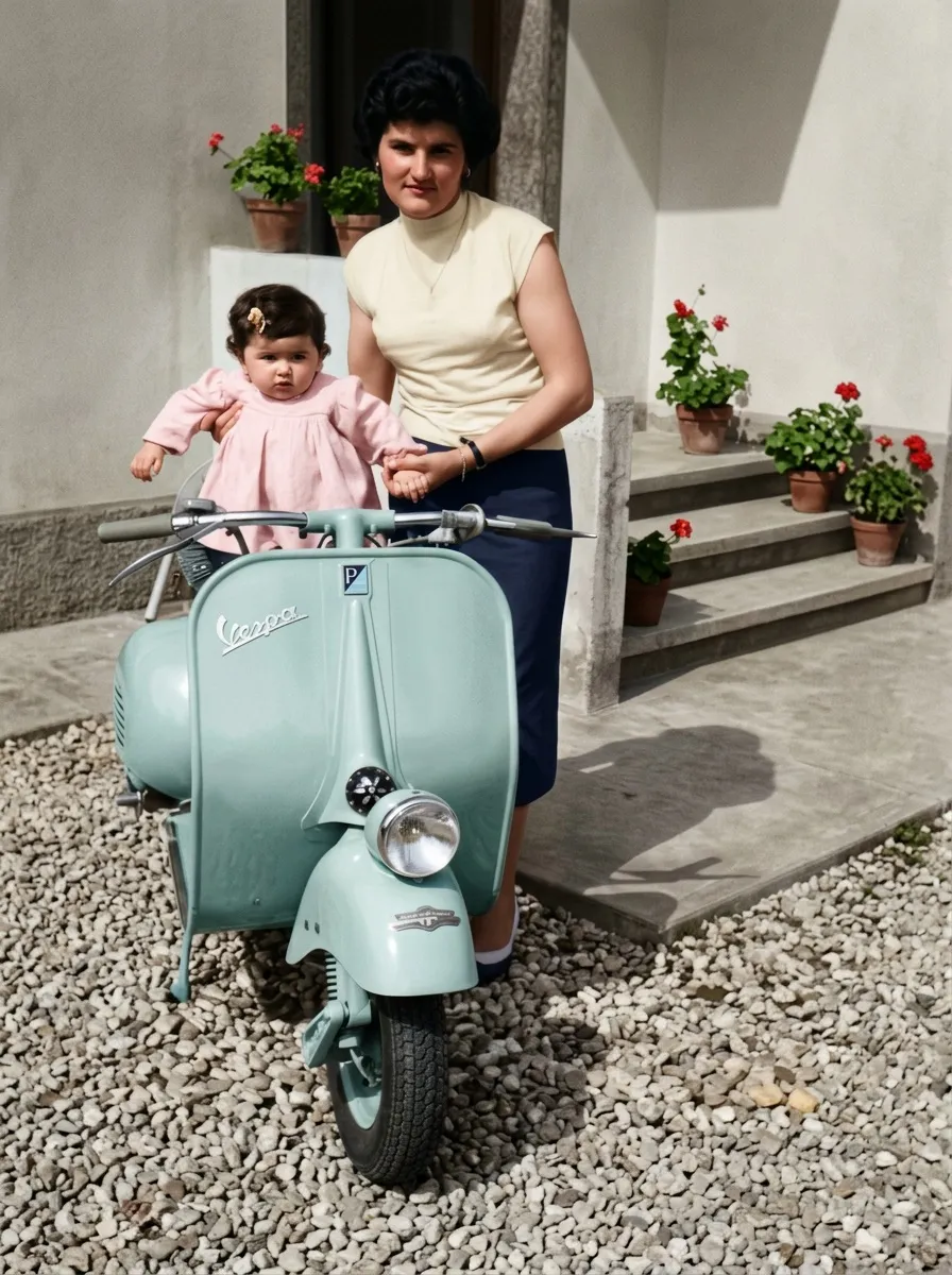 The same photograph in color — the scooter mint green, the geraniums red